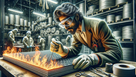 Worker in protective goggles performing maintenance on fire-resistant coverings with a blowtorch.