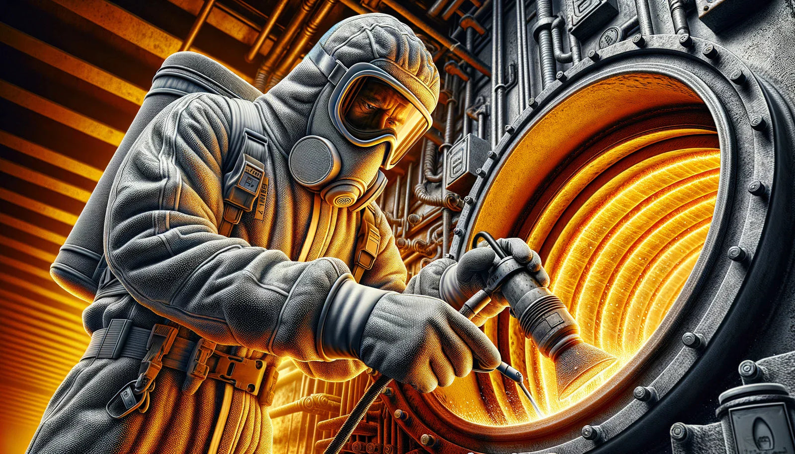 Worker in protective gear operating an industrial furnace for mastic failure analysis.