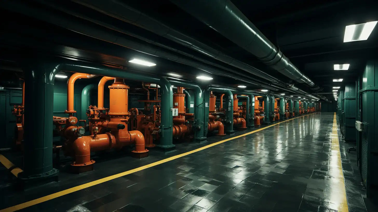 Industrial pipeline system featuring RockLap H&V pipes and valves in a dim corridor.