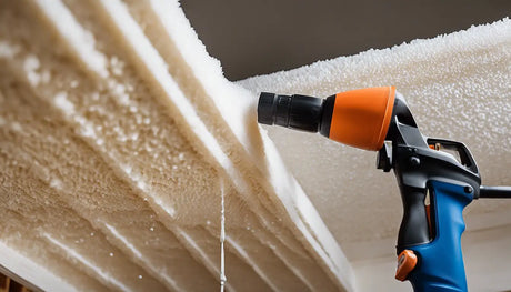 Power drill with orange nozzle applying spray foam insulation for effective sealing.