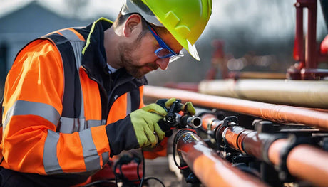 Construction worker in safety gear inspecting pipes for heat trace and heating systems.