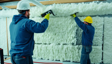 Two workers applying spray foam insulation for enhanced energy efficiency in UK factories.