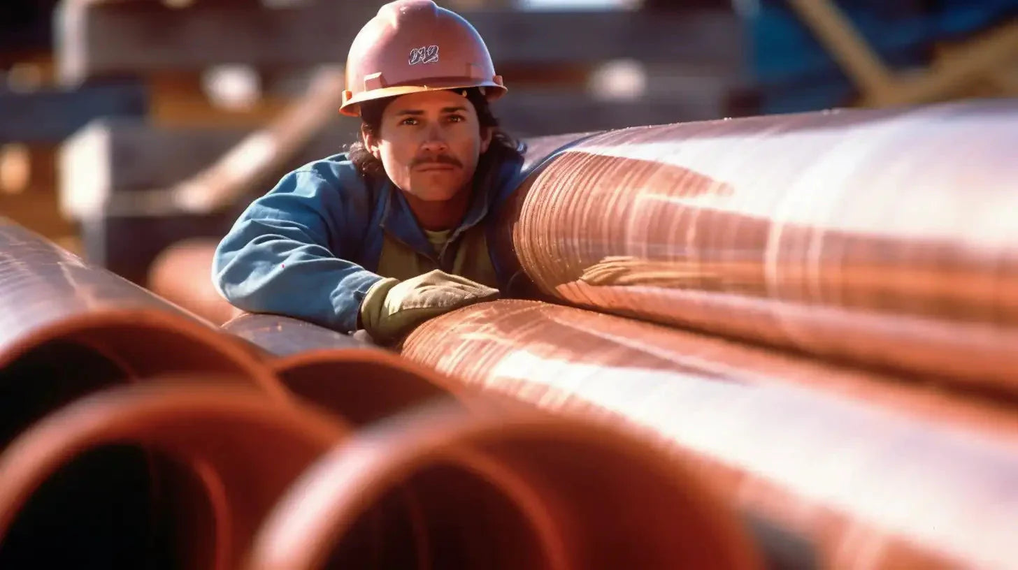 Construction worker in pink hard hat and blue jacket leaning on copper pipes for pipe insulation.