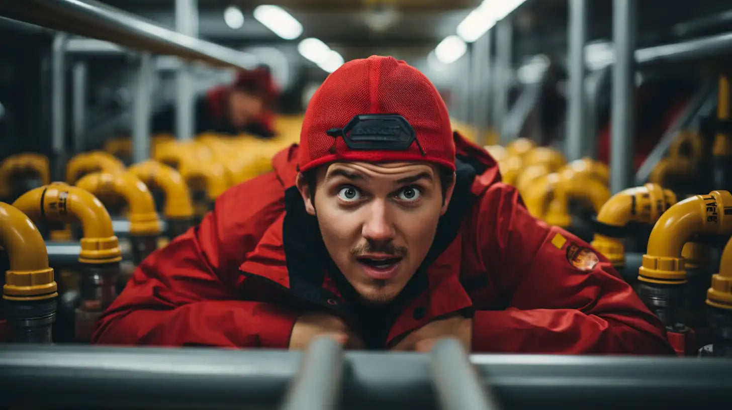 Person in red jumpsuit on floor beside yellow pipes, highlighting pipe insulation flammability.