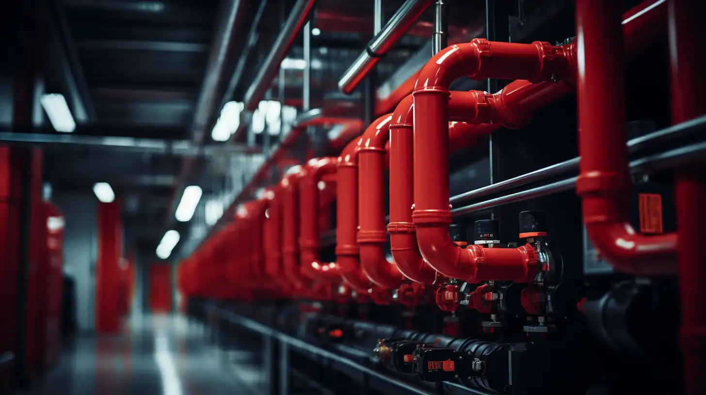 Red industrial pipes with valves illustrating pipe insulation standards in the UK.