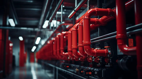 Red industrial pipes with valves illustrating pipe insulation standards in the UK.