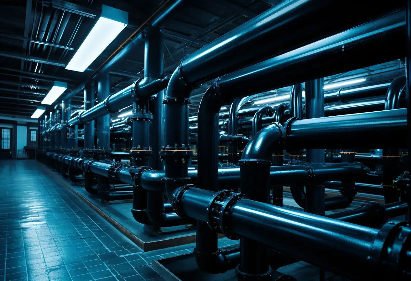 Industrial piping system with metallic pipes and valves illuminated, highlighting pipe insulation.