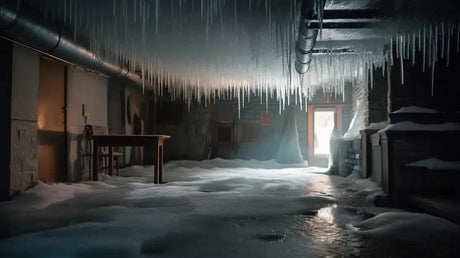 Icicles hanging in a frozen interior space highlight when pipes freeze in the UK.