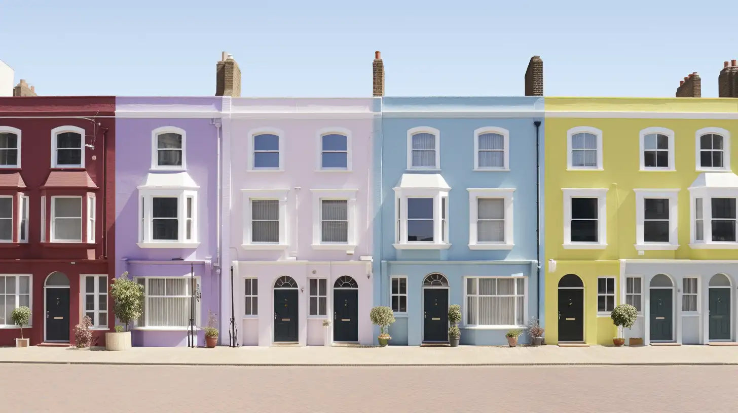 Colorful Victorian townhouses with pastel facades and visible water pipes needing insulation