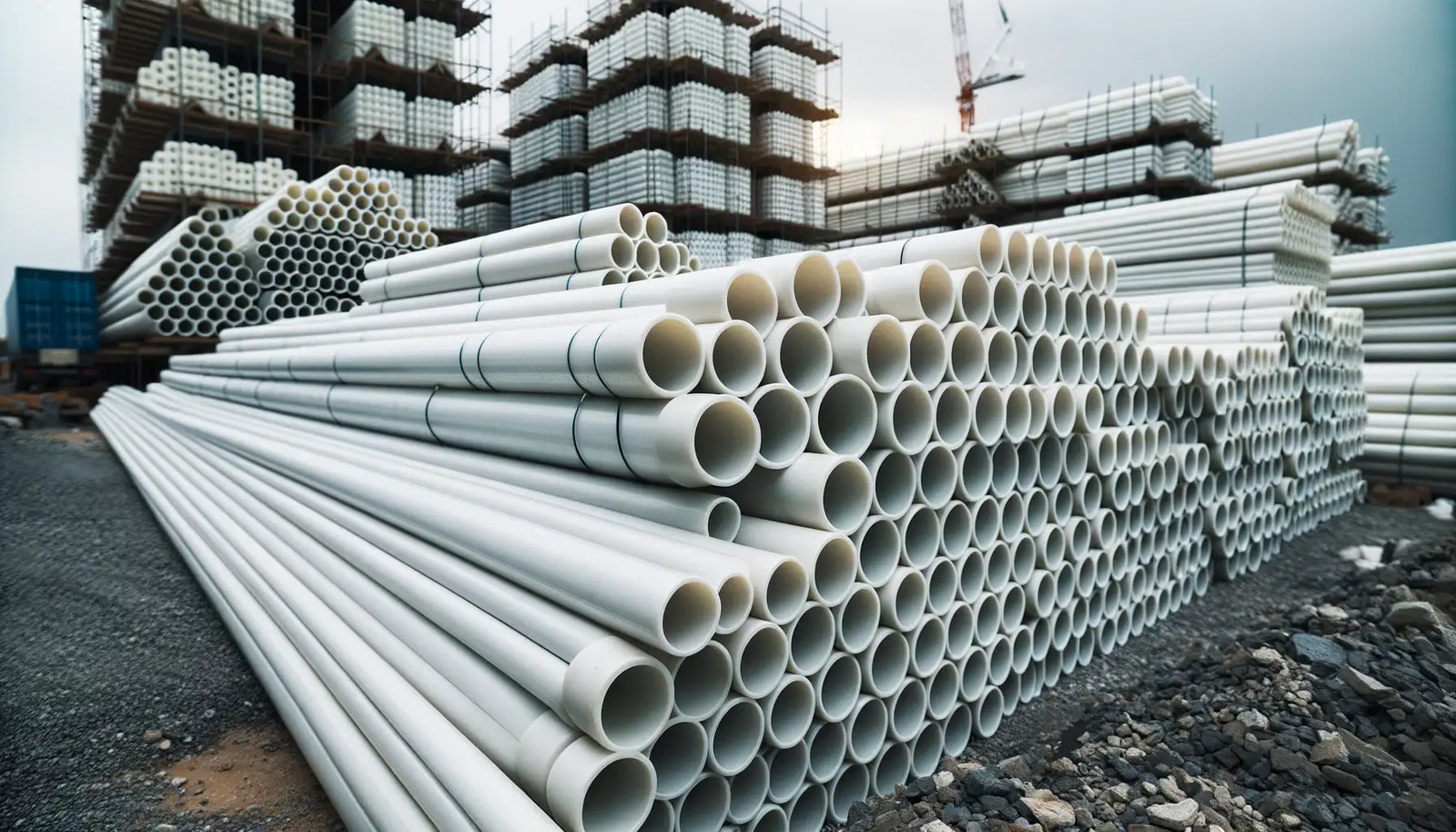 Stack of white PVC polyethylene pipes at a construction site showcasing chemical resistance.