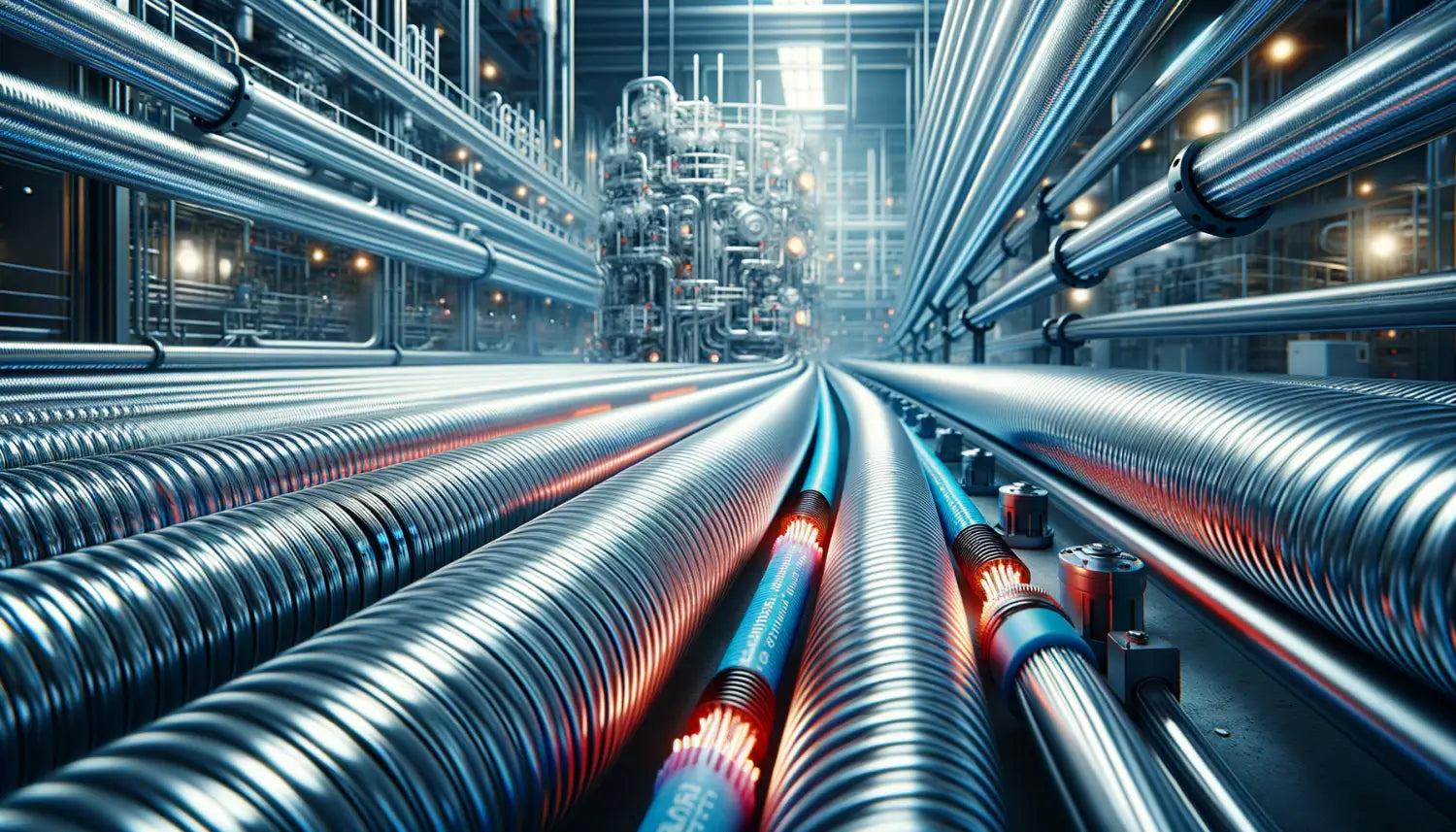 Futuristic facility with glowing trace heating systems in industrial pipes and conduits