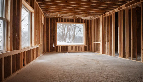 Unfinished wooden room frame with exposed studs highlighting spray foam insulation benefits.