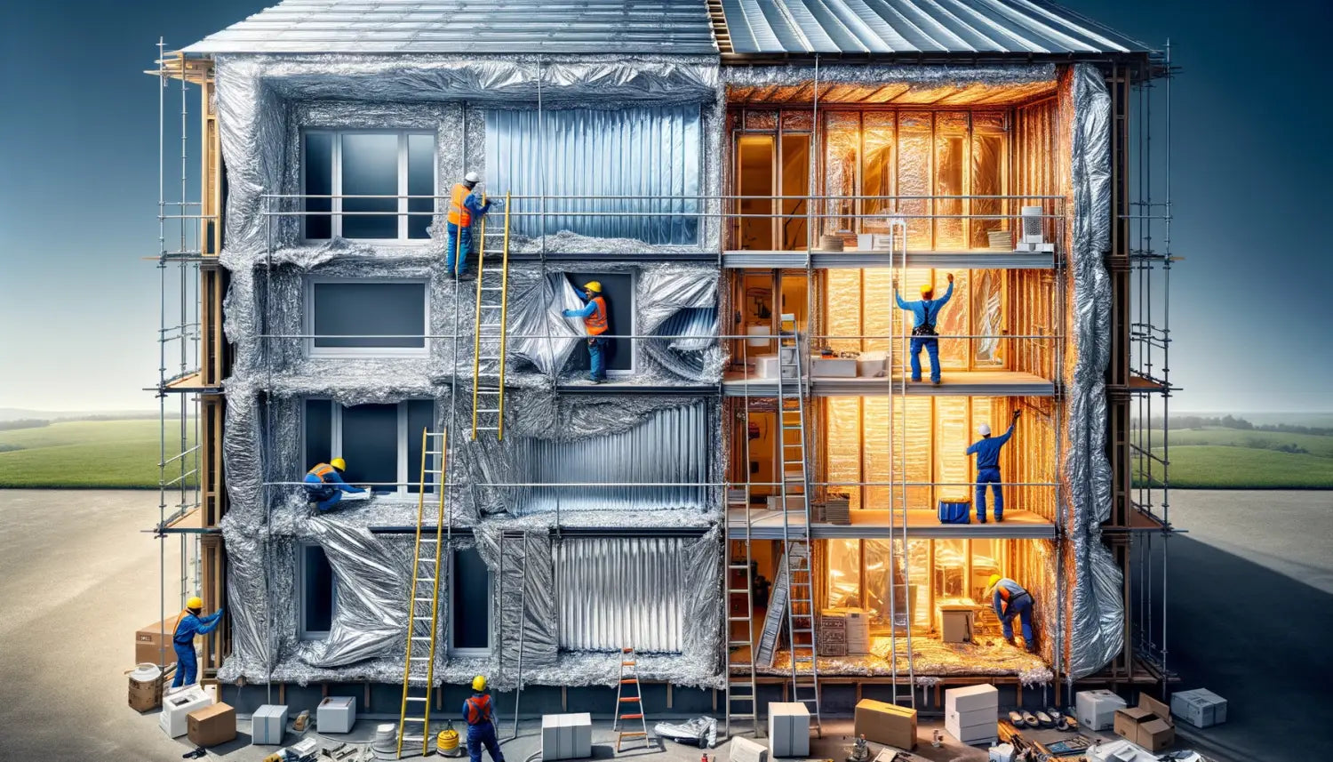 Cross-section of a house under construction highlighting workers and radiant barriers.