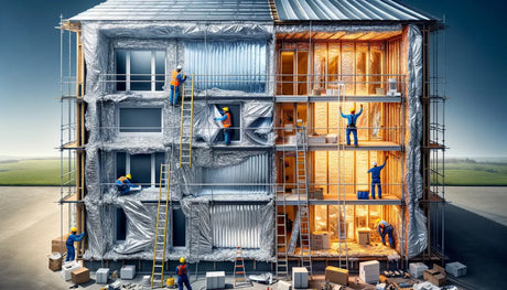 Cross-section of a house under construction highlighting workers and radiant barriers.