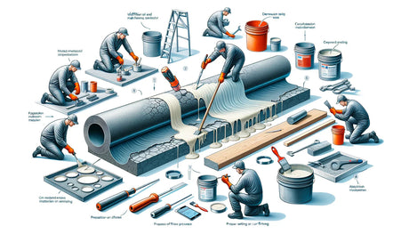 Illustration of concrete construction stages and tools related to mastic maintenance.