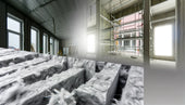 Snow-covered benches in an unfinished space highlighting potential mineral wool insulation concerns.