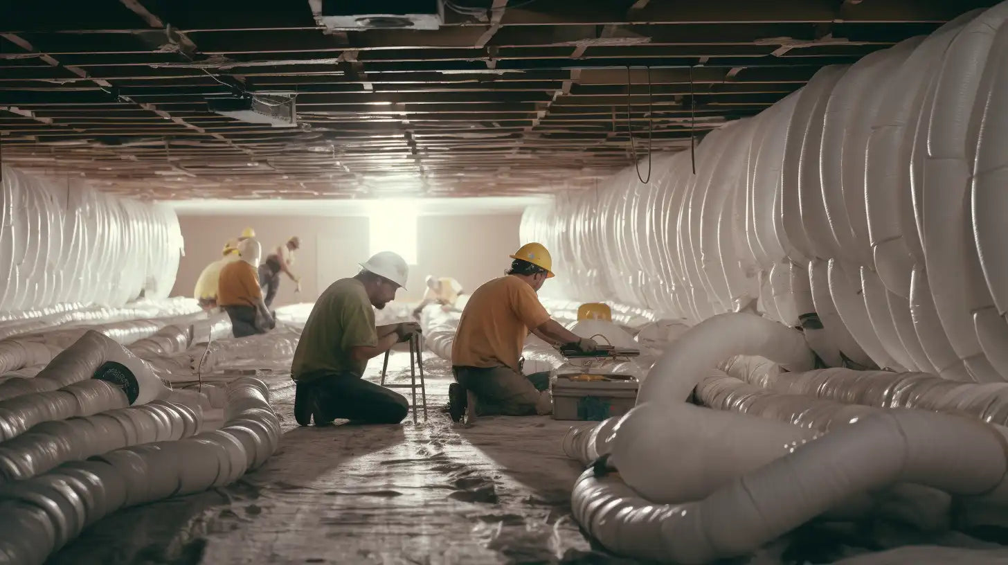 Construction workers installing insulation in a building, focusing on asbestos pipe insulation.