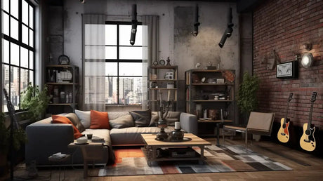 Cozy industrial-style living room showcasing acoustic insulation and soundproofing pipes.