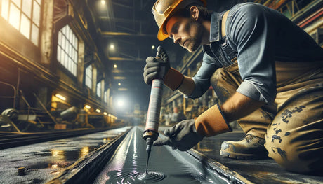 Construction worker applying sealant repair techniques using a power tool on metal surface.