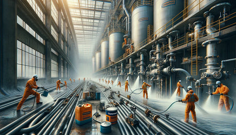 Industrial factory interior showcasing workers in specific industries managing machinery.