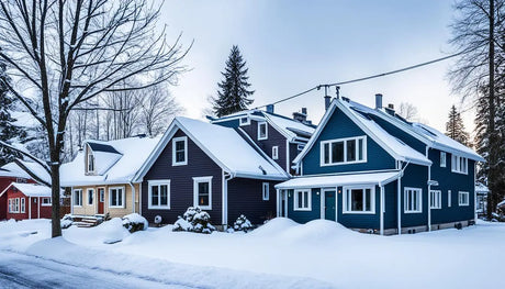 Snow-covered houses in a winter neighborhood highlighting the importance of pipe insulation for energy efficiency.