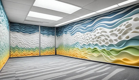 Colorful wave-like wall mural featuring abstract patterns enhancing elastomeric foam insulation.