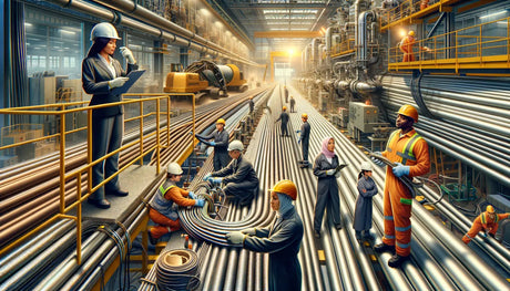 Industrial factory floor with workers engaged in heat tracing and skin effect applications.