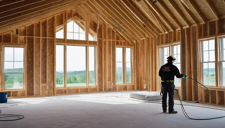 Construction worker in unfinished room exploring spray foam insulation benefits.