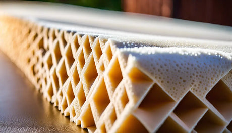 Lattice-structured 3D-printed object with foamy top edge illustrating spray foam insulation.