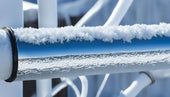 Frost-covered metal railing illustrating pipe insulation for chilled water and cold pipes.