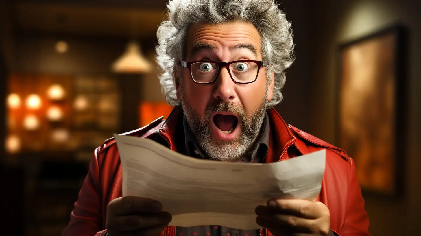 Man with gray hair and glasses shocked by energy bills while reviewing pipe insulation options