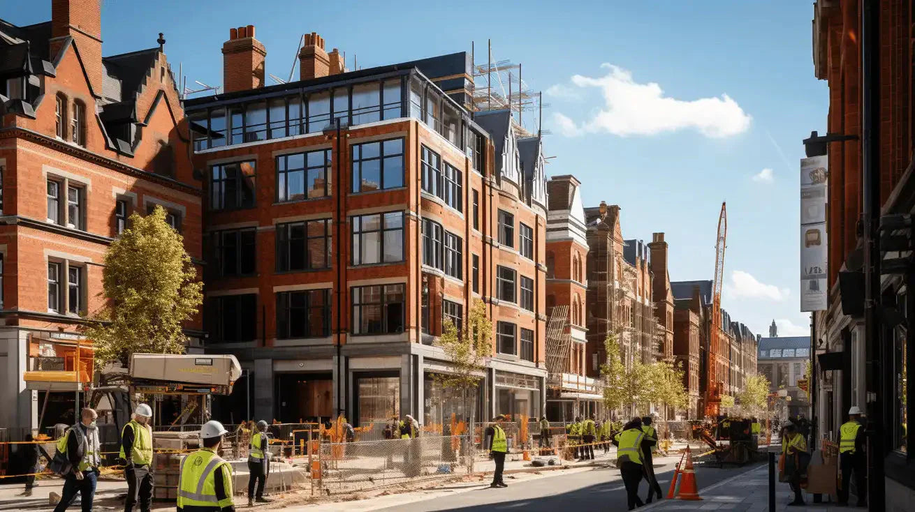 Brick and glass buildings along city street, highlighting pipe insulation for hot water systems.