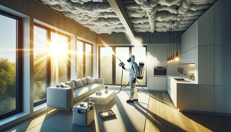 Person in protective suit applying disinfectant in modern living space with foam insulation.