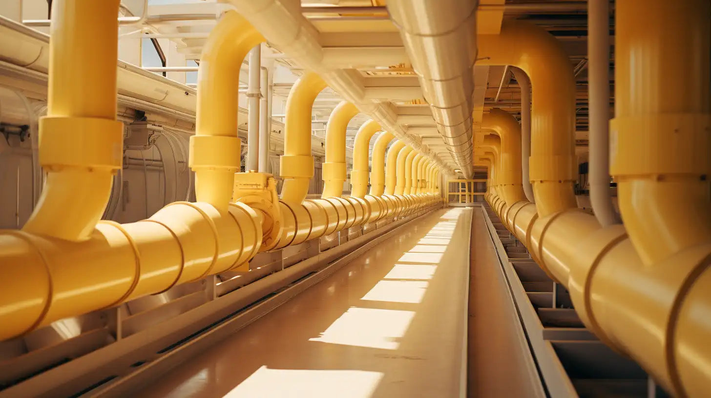 Yellow pipes in a corridor illustrating effective pipe insulation for UK brands.