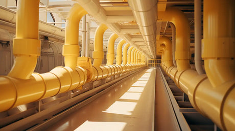 Yellow pipes in a corridor illustrating effective pipe insulation for UK brands.