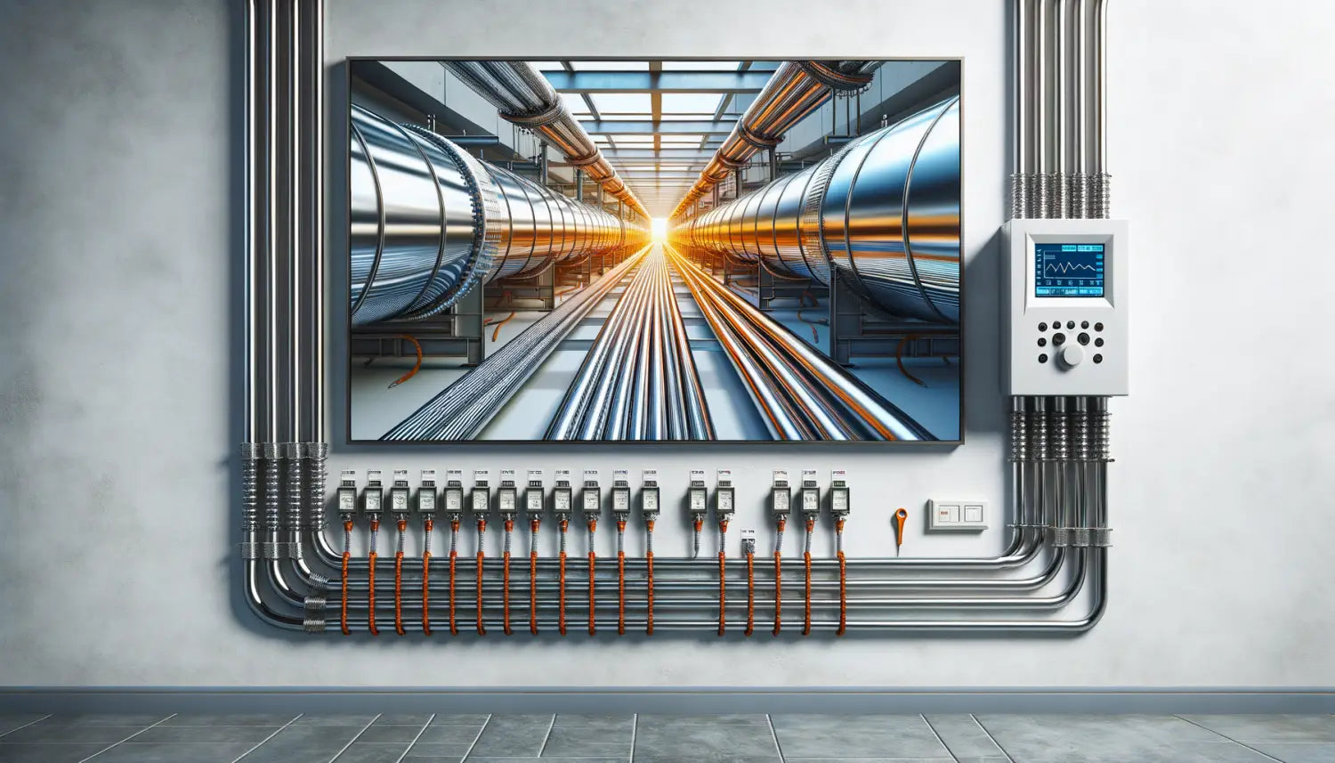 Futuristic trace heating systems displayed with industrial pipes and control panels.