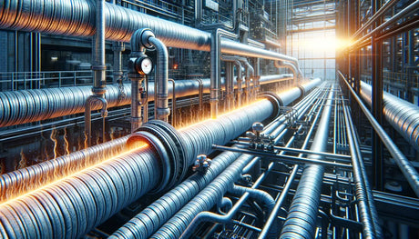 Complex network of industrial pipes illustrating self-regulating trace heating systems.