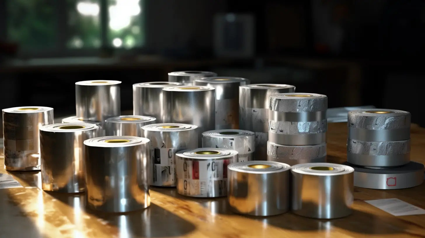 Metal canisters for storing foil tape used in electromagnetic shielding applications.