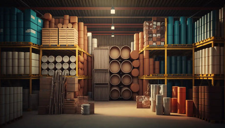 Image of a warehouse holding different types of insulation materials and products stacked neatly on shelves and on the floor.