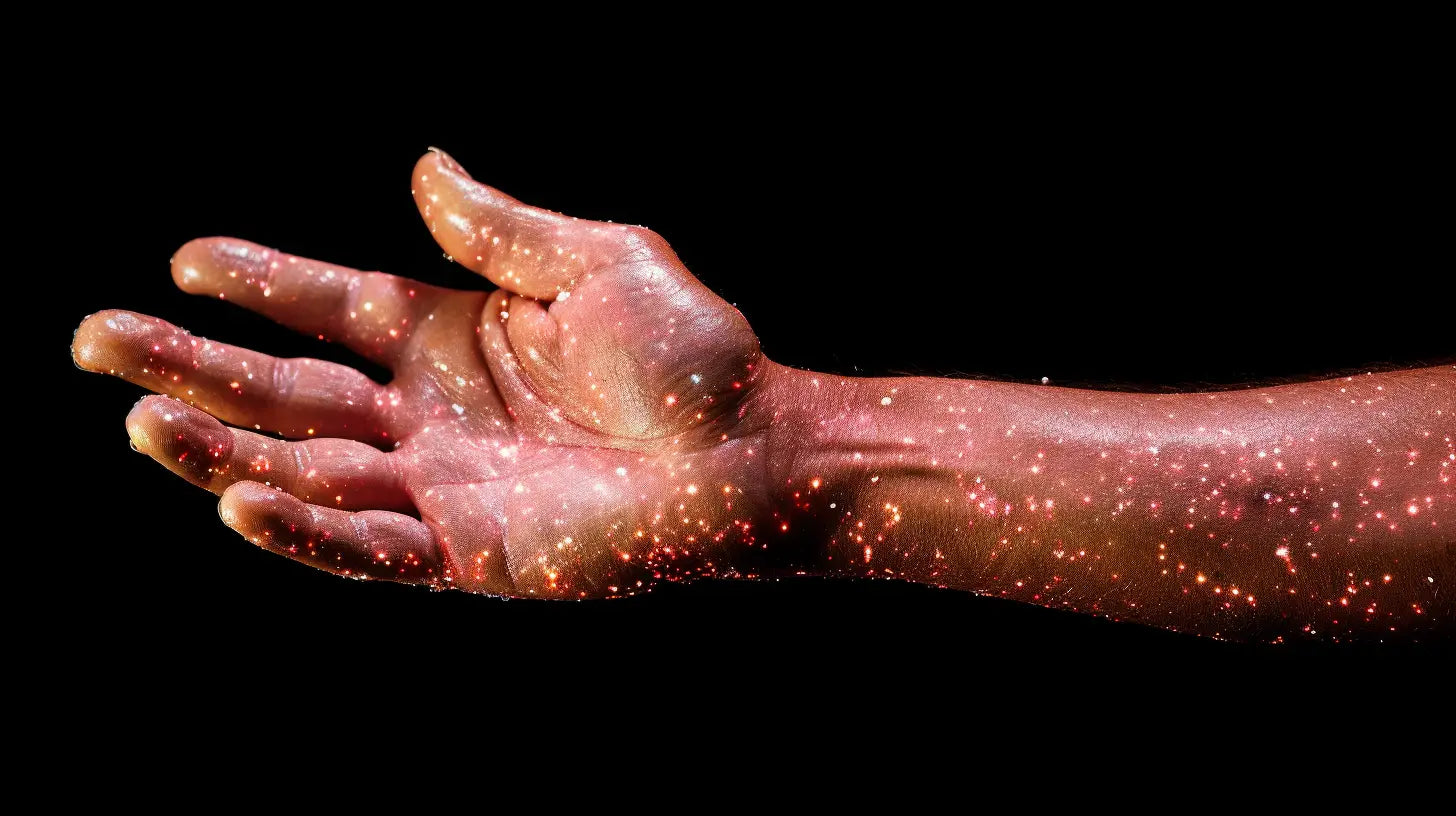 Human arm with glittery gold sparkles illustrating tips to remove Fibreglass using duct tape.