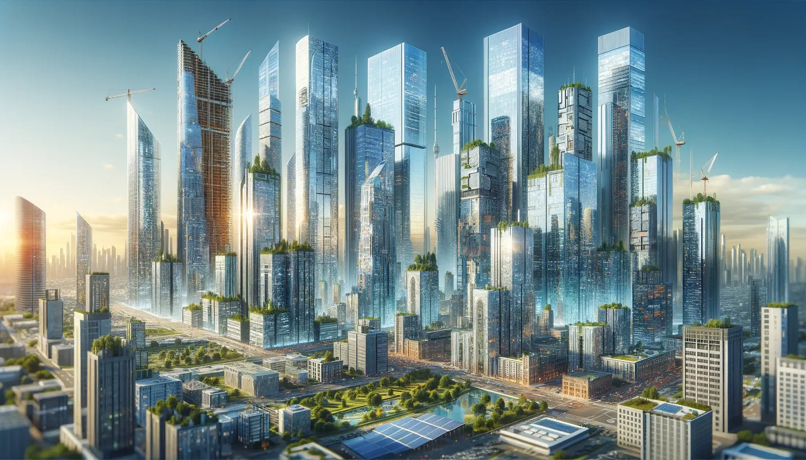 Futuristic cityscape showcasing skyscraper design with green spaces and energy efficiency.