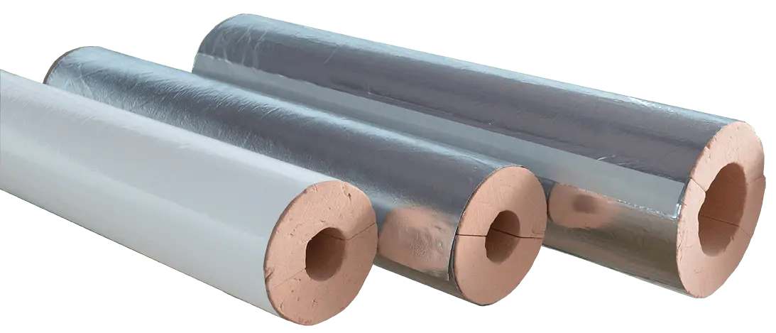 Cylindrical metal pipes with phenolic insulation for heat and fire protection.