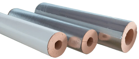 Cylindrical metal pipes with phenolic insulation for heat and fire protection.