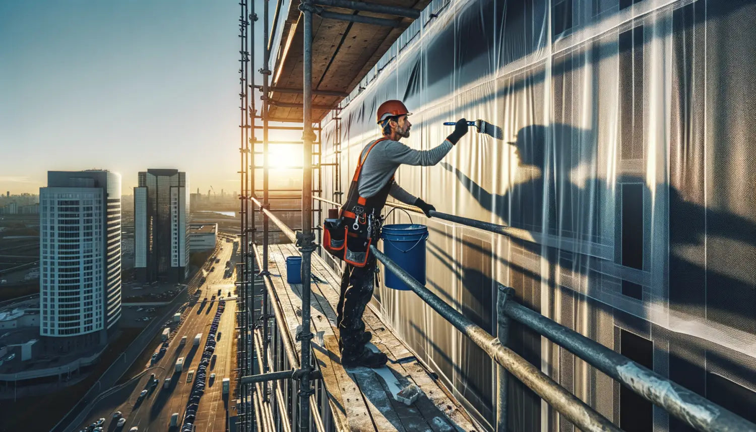 Window washer cleaning high-rise showcasing energy-efficient waterproofing techniques.