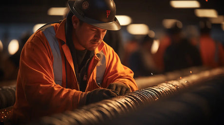 Worker in orange safety vest inspecting large industrial pipe for weatherproofing pipe insulation