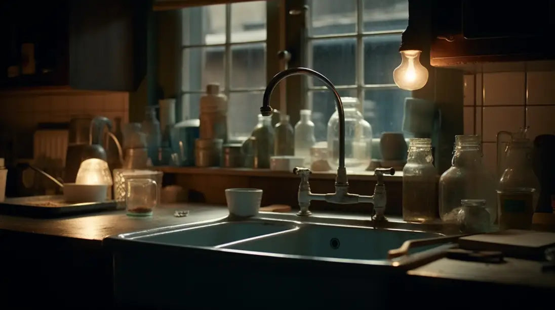 A UK home kitchen sink with taps and pipes and dimly lit light bulbs and an window looking out at the surrounding environment