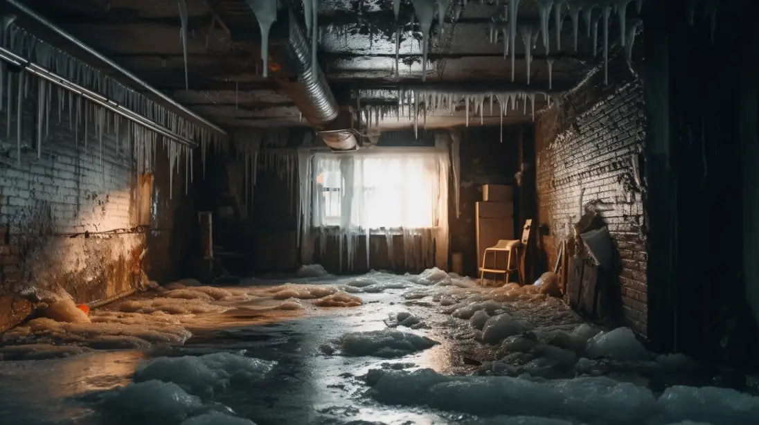 Frozen and burst pipes in a building with iced over floors, walls and pipes