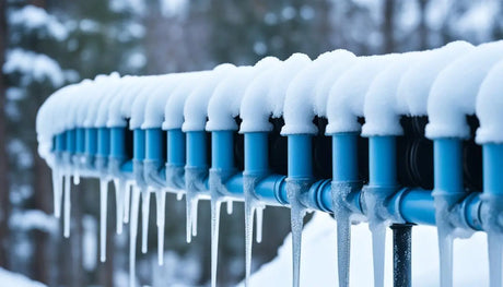 Snow-covered blue railing with icicles, highlighting risks of frozen outdoor pipes.