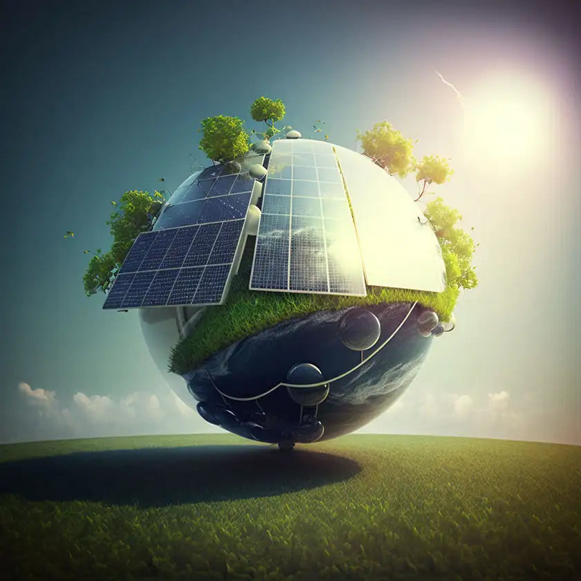 Earth in a field of green grass wrapped protectively by solar panels