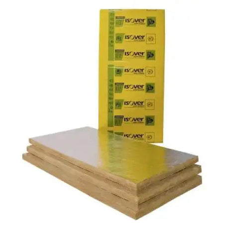 Isover yellow white insulation panels with wood texture, A2 fire rating